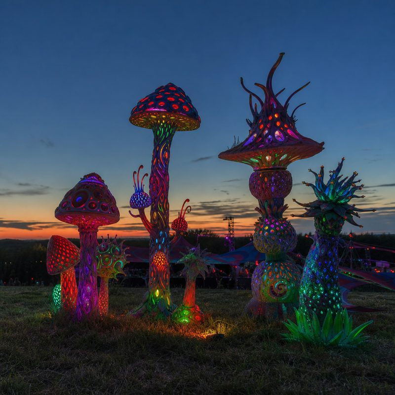 Sculpted mushroom and plant totems in grass at dusk, their fluorescent paint beginning to glow against a twilight sky