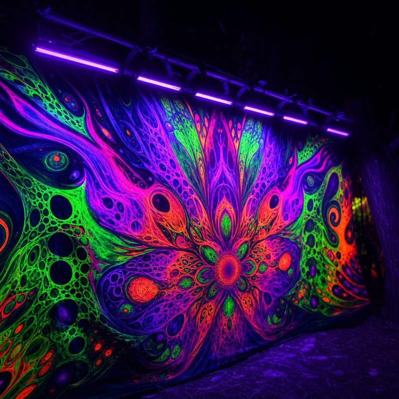 Row of ultraviolet blacklight tubes on a truss lighting a hand-painted festival backdrop at night