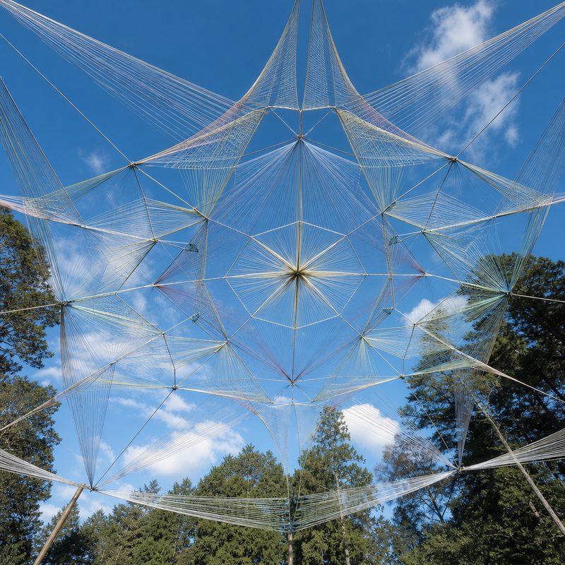 String-art canopy of taut pale cords being rigged against a blue afternoon sky over a festival clearing